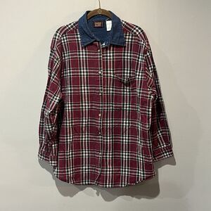 Vintage Faded Glory Button Up Shirt Women’s Large Red Plaid Denim Collar Grunge